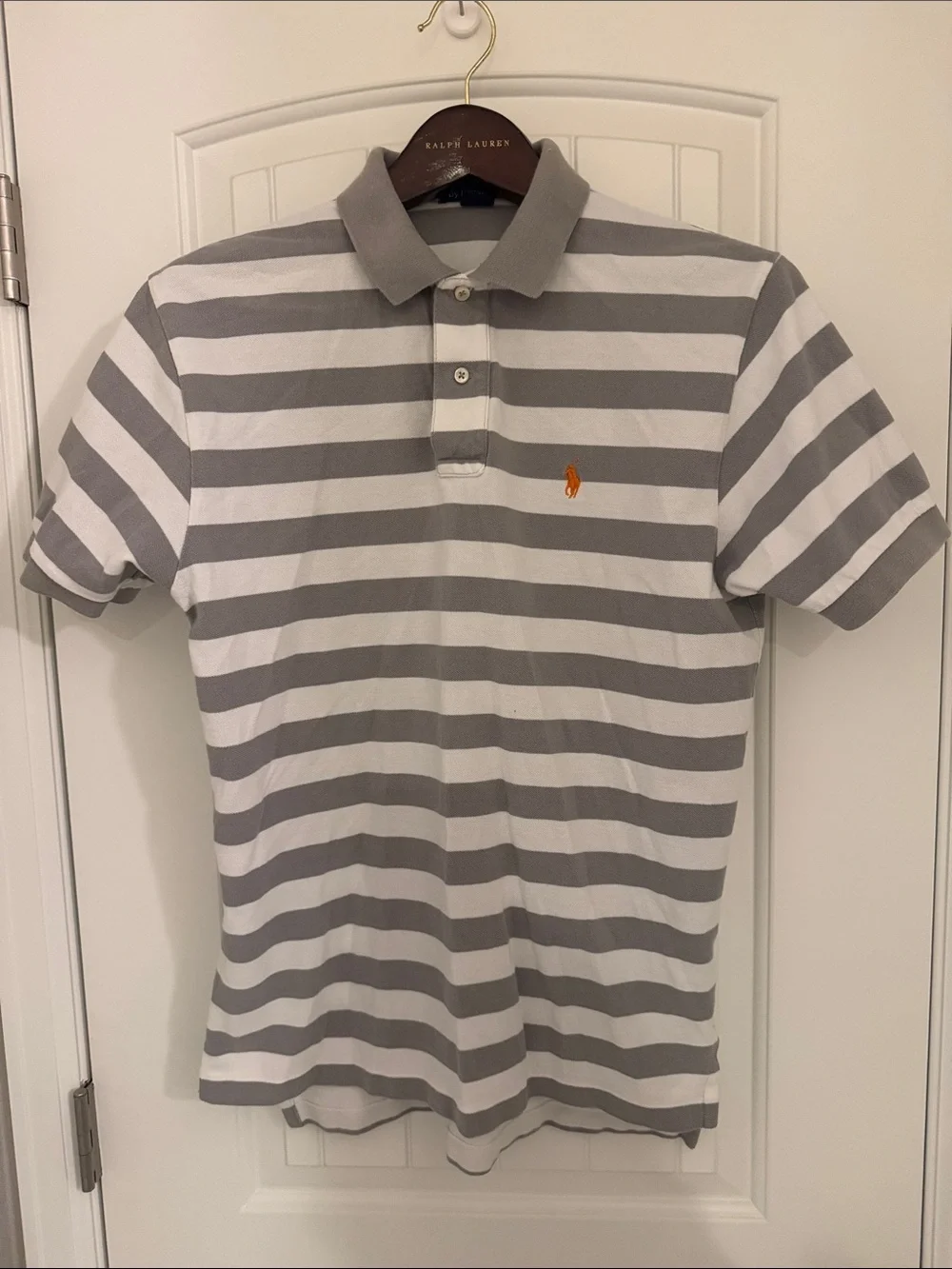 Ralph Lauren Men’s Gray & White Striped Polo with Orange Pony Logo